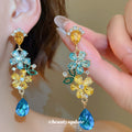Colorful Crystal Floral Long Drop Earrings in Two Distinct Styles view 4
