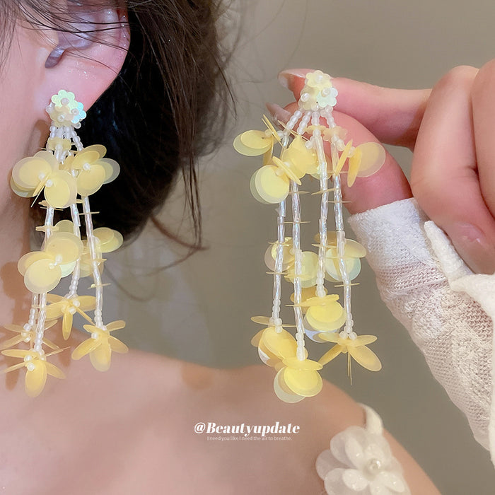 Yellow Floral Branch Earrings With Layered Petal Dangles