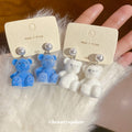 Blue Flocked Teddy Bear Pearl Stud Drop Earrings Matching Jewelry Pair view 2
