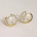 Crystal Crescent Stud Earrings with White Faux Pearls view 2