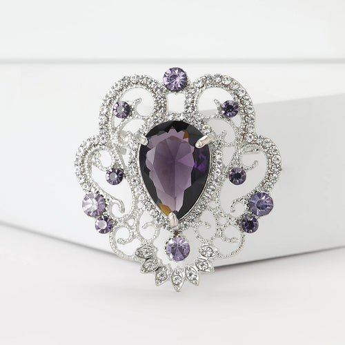 Purple baroque teardrop brooch silver filigree clear rhinestones front