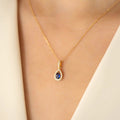 Gold Blue Pear Teardrop Halo Pendant Necklace Clear CZ Frame view 3