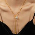 Gold Adjustable Snake Chain Lariat Pearl Necklace Drop view 3