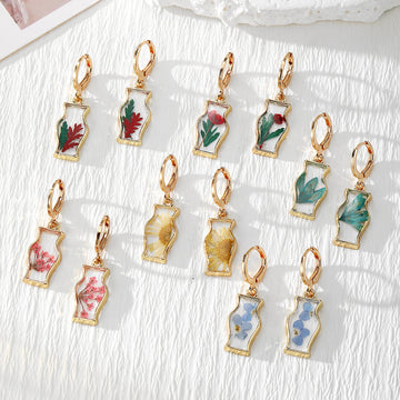 Gold Vase Resin Dried Flower Huggie Hoop Earrings 6 Styles