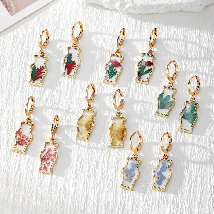 Gold Vase Resin Dried Flower Huggie Hoop Earrings 6 Styles