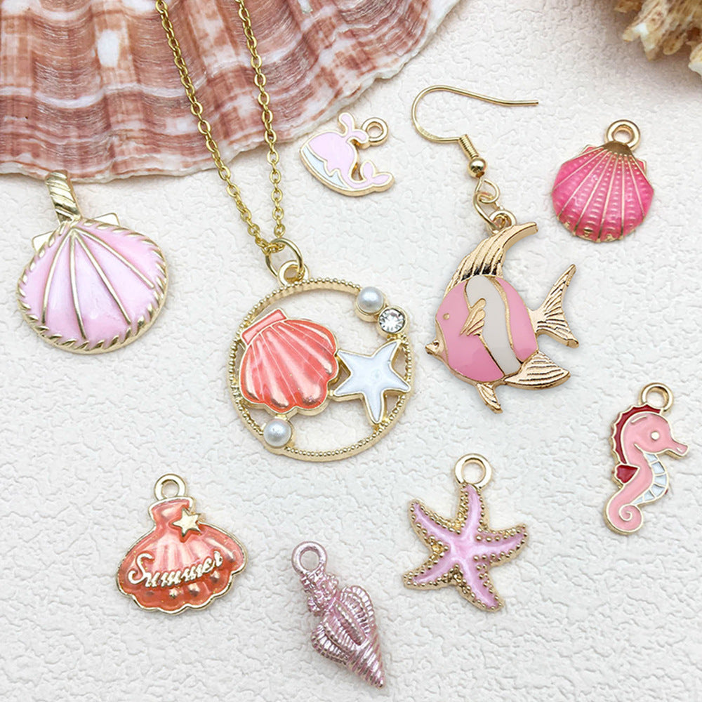 Pink Enamel Zinc Alloy Starfish Seahorse Shell Charm Pendants for DIY Keychain Jewelry