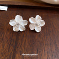 White Flower Stud Earrings With Pearl Drops Jewelry Pair view 4