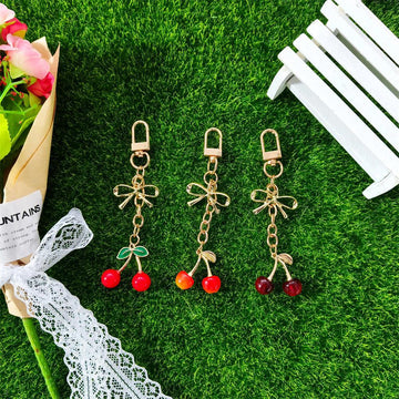 Gold Bow Cherry Resin Keychains Lobster Clasp Three Colors