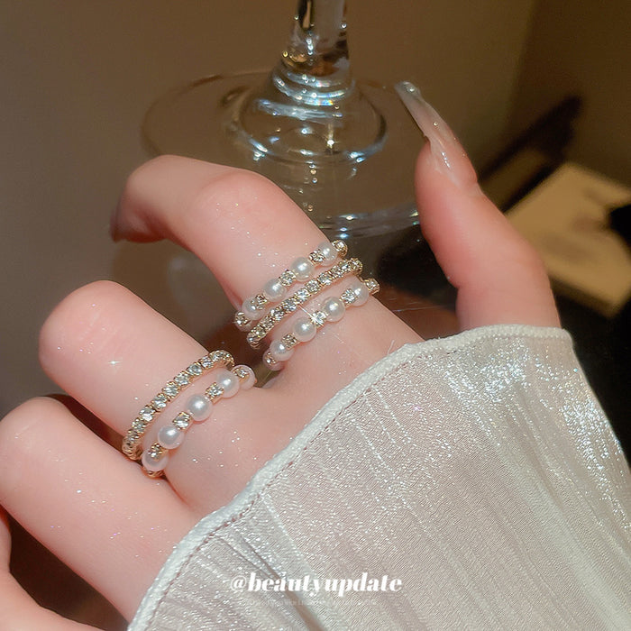 Gold Open Multi-Row Pearl and Rhinestone Stack Ring