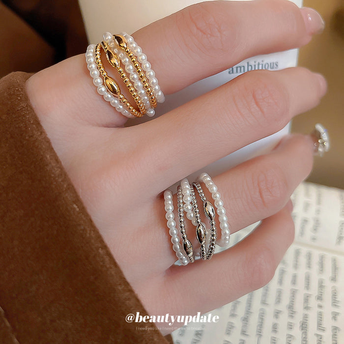 Multi Layer Pearl Open Ring Metal Bead Bands Silver