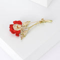 Red Enamel Rose Brooch Gold Green Leaf Stem Single Style view 4