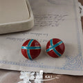 Red Round Domed Enamel Stud Earrings Teal Cross Bands view 3