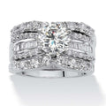 Round Solitaire Baguette Multi-Row Wide Ring Silver Tone view 1