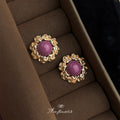 Gold Rose Frame Purple Cabochon Flower Stud Earrings view 4