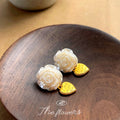 White Camellia Flower Stud Gold Heart Drop Earrings view 3