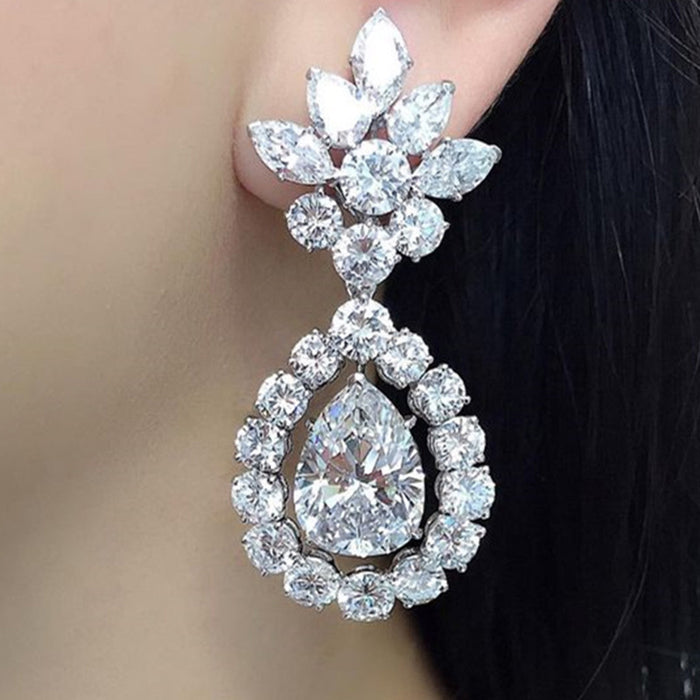 White Gold Teardrop Cluster Drop Earrings Bridal Pair