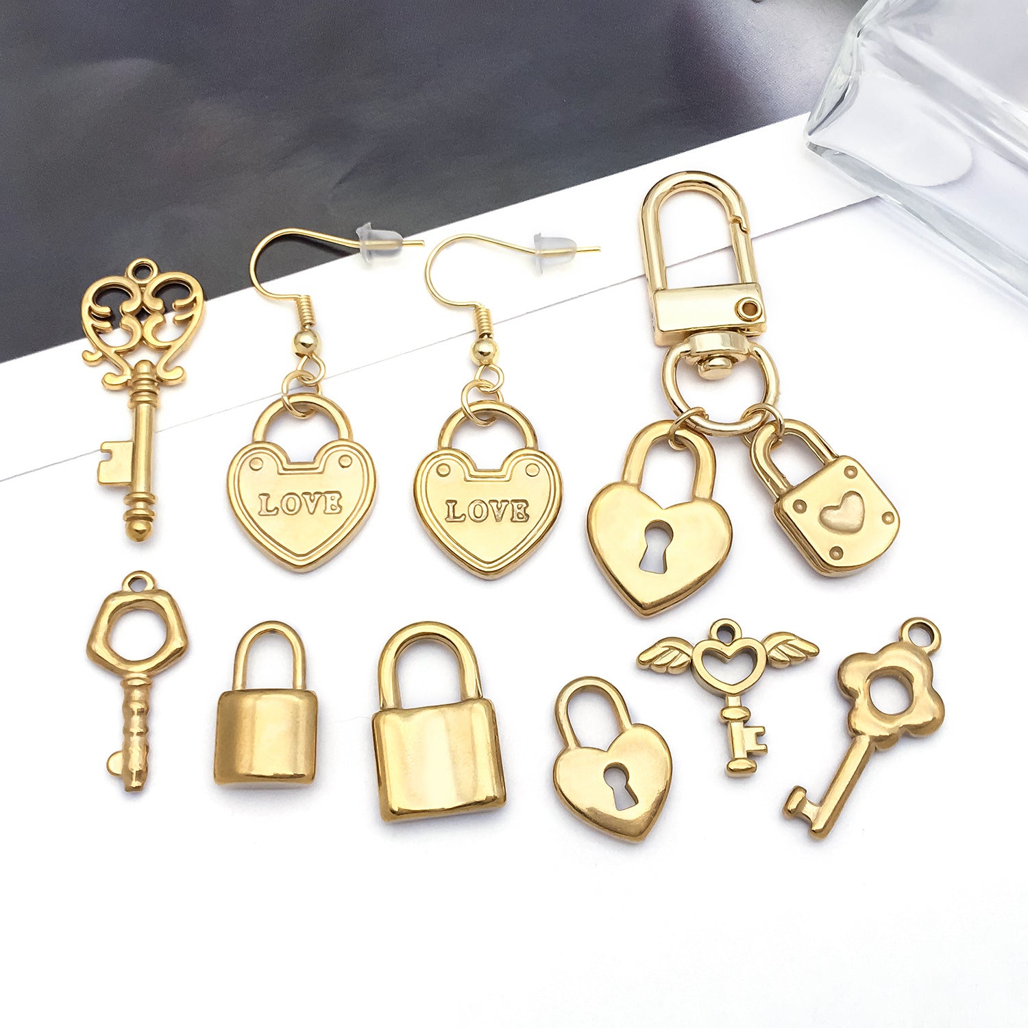 Polished Stainless Steel Heart Lock Key Charm Pendant for Bracelet Necklace DIY