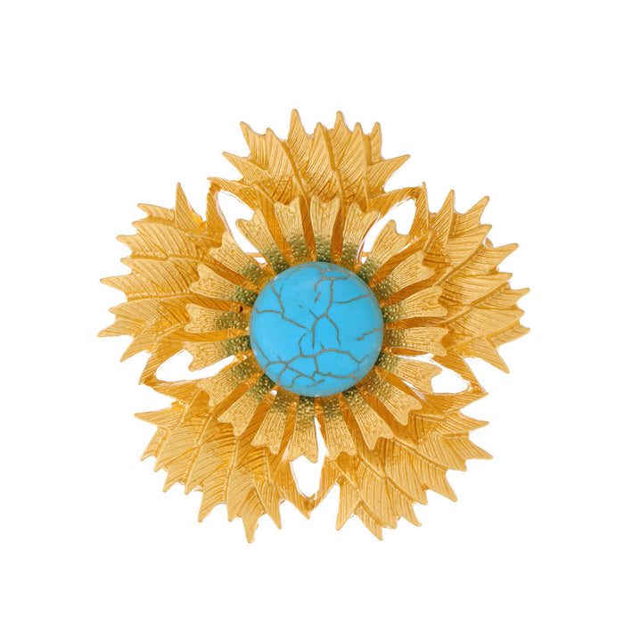 Aqua Gold Tone Sunflower Metal Brooch Pin for Jackets and Lapels
