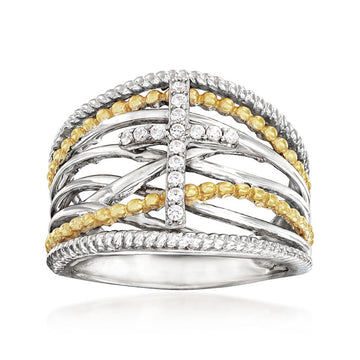 Two Tone Silver Gold Cross Multi Band Crystal Ring Sizes 6-10