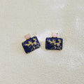 Navy Plum Blossom Rectangle Gold Tone Stud Earrings view 3