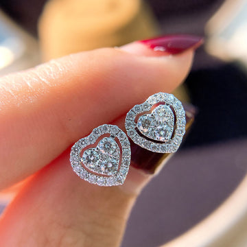 Silver Tone Double Heart Stud Earrings With Clear Stones