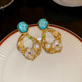 Gold Openwork Pearl Crystal Drop Earrings Polished Metal Jewelry view 7