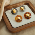 Round Resin Stud Earrings Gold Dome Center Smoke and Amber view 4