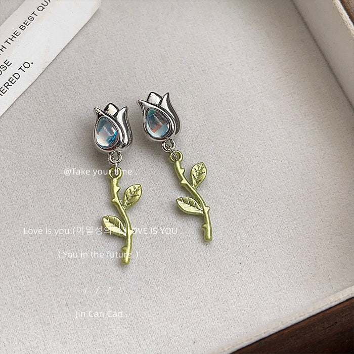 Silver Tulip Stud Green Stem Leaf Drop Earrings Pair