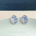 Blue Enamel Cat Star Oval Stud Earrings Silver Tone view 4