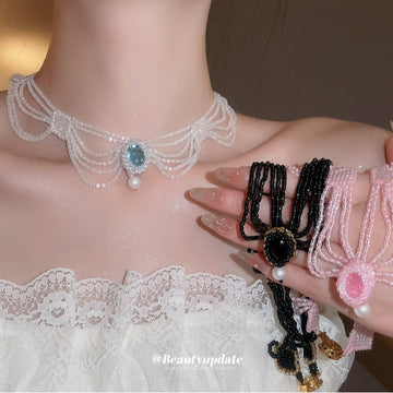 Layered Beaded Lace Collar Necklace in Three Colors