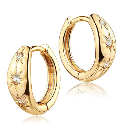 Gold star clear stone hinged huggie hoop earrings with reflection