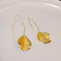 Gold Long Hook and Ridged Ginkgo Leaf Drop Earrings view 3