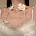 Ivory Fabric Flower Stud Earrings And Matching Floral Necklace view 7