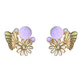 Gold Tone Butterfly Daisy And Pink Purple Round Stone Stud Earrings view 5