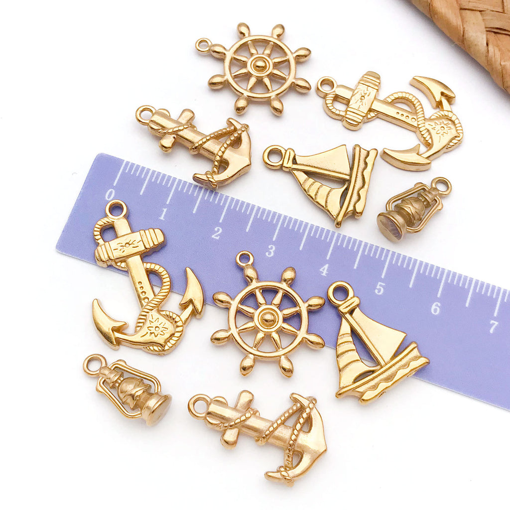 Gold Stainless Steel Anchor Ship Wheel Lighthouse Charm Pendant for DIY Nautical Jewelry