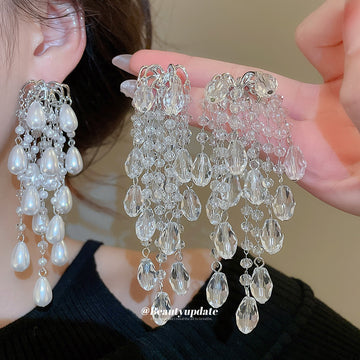 Silver Tone Chandelier Earrings With Crystal And Pearl Drops
