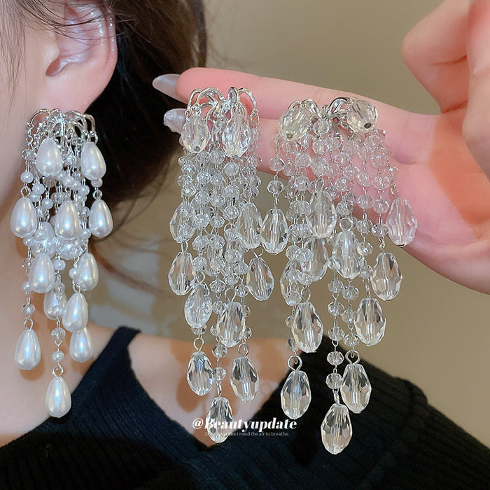 Silver Tone Chandelier Earrings With Crystal And Pearl Drops
