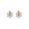 Gold Tone Clear Stone Bar And White Pearl Cluster Stud Earrings view 5