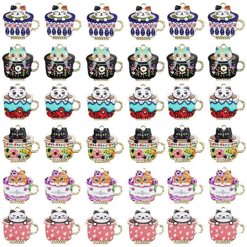 Enamel Zinc Alloy Cup Cat Charm Pendant for DIY Earrings Necklace Jewelry Accessories