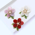 Translucent Five Petal Flower Brooch With Pearl and Green Leaves view 4