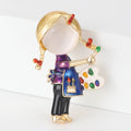 Gold Enamel Painter Girl Brooch Cat Eye Face Multicolor view 2