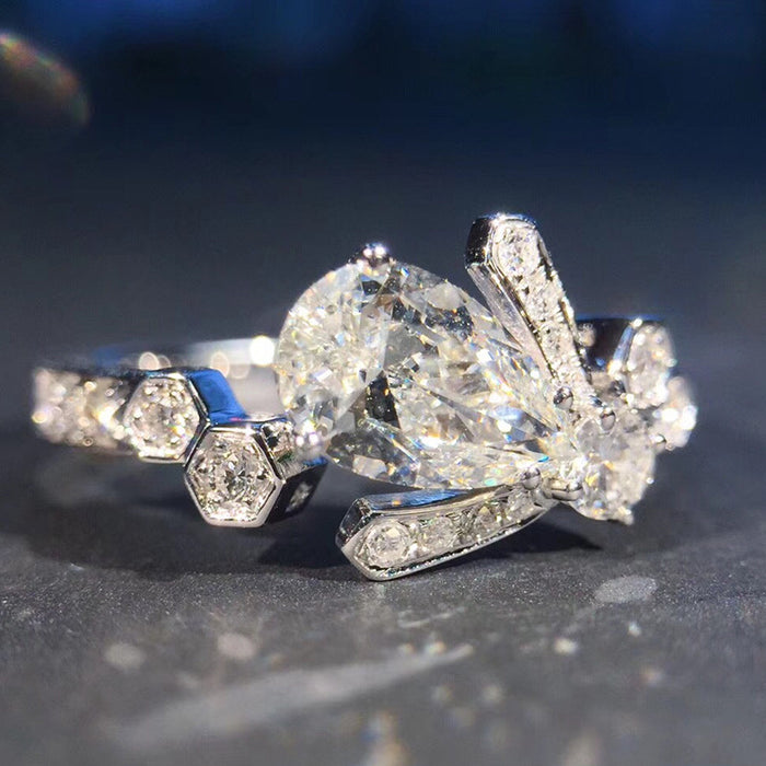 Silver Pear CZ Flower Motif Ring Hexagon Side Accents