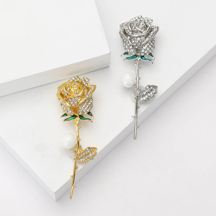 Crystal Rose Stem Brooch Pearl Green Enamel Gold Silver