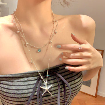 Layered Silver Tone Starfish and Blue Crystal Necklace