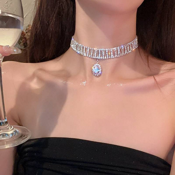 Silver Rhinestone Mesh Wide Choker Oval Crystal Drop Pendant