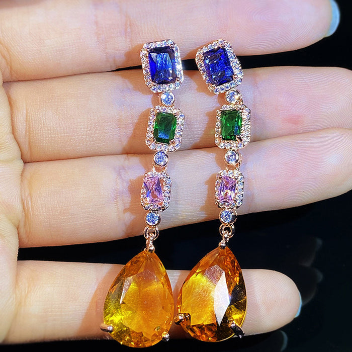 Gold Tone Multicolor Gem Linear Drop Earrings Amber Teardrop
