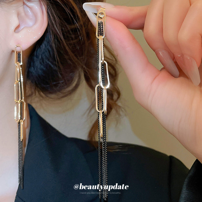 Long Link and Fine Chain Tassel Stud Earrings Jewelry