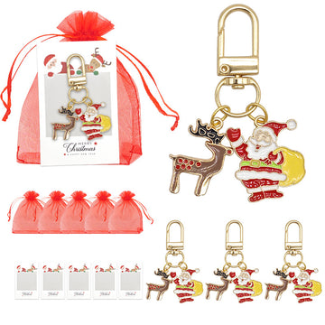 Gold Enamel Santa Reindeer Keychain Lobster Clasp Charm