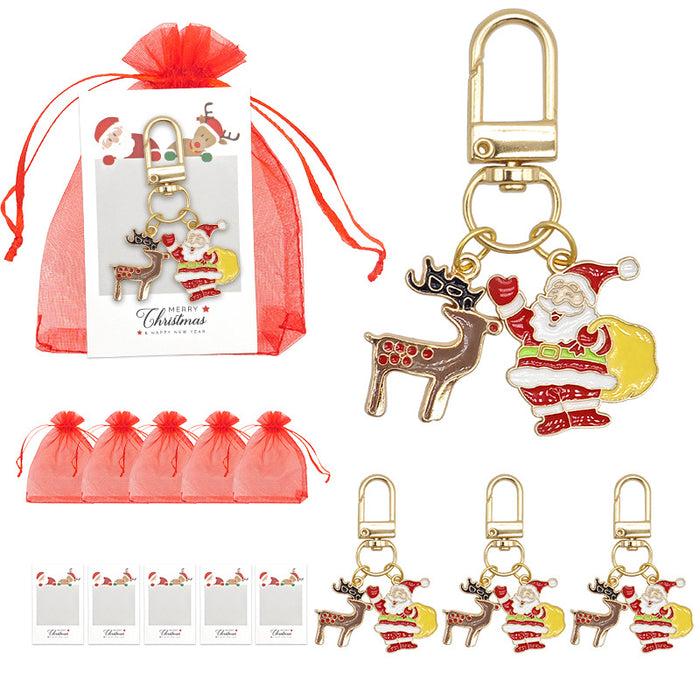 Gold Enamel Santa Reindeer Keychain Lobster Clasp Charm