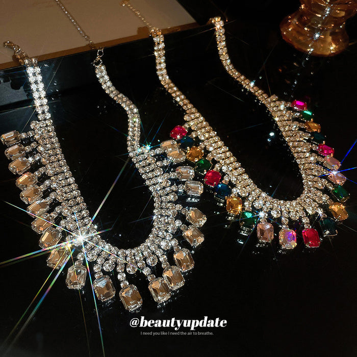 Rhinestone Bib Necklace Square Drop Fringe Two Finishes